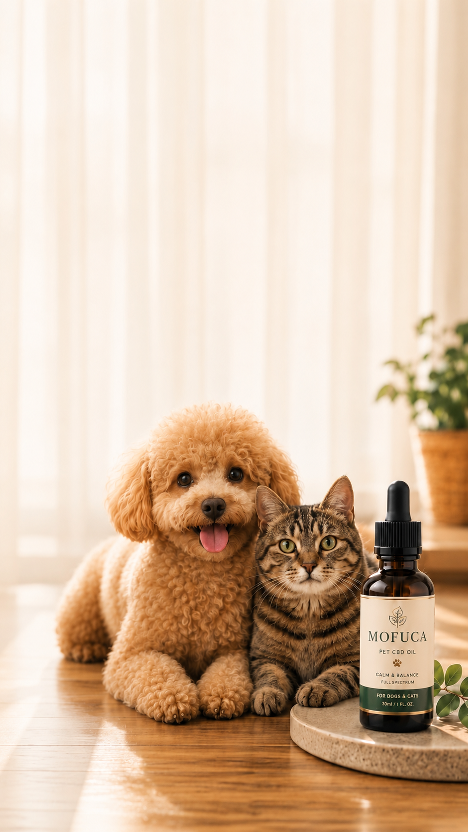 MOFUCA CBDオイルと寛ぐ犬と猫